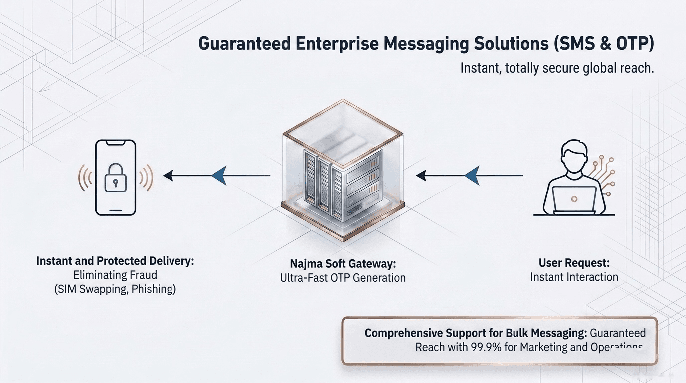 Enterprise messaging and authentication solutions: flow from user request to NajmaSoft gateway and instant delivery